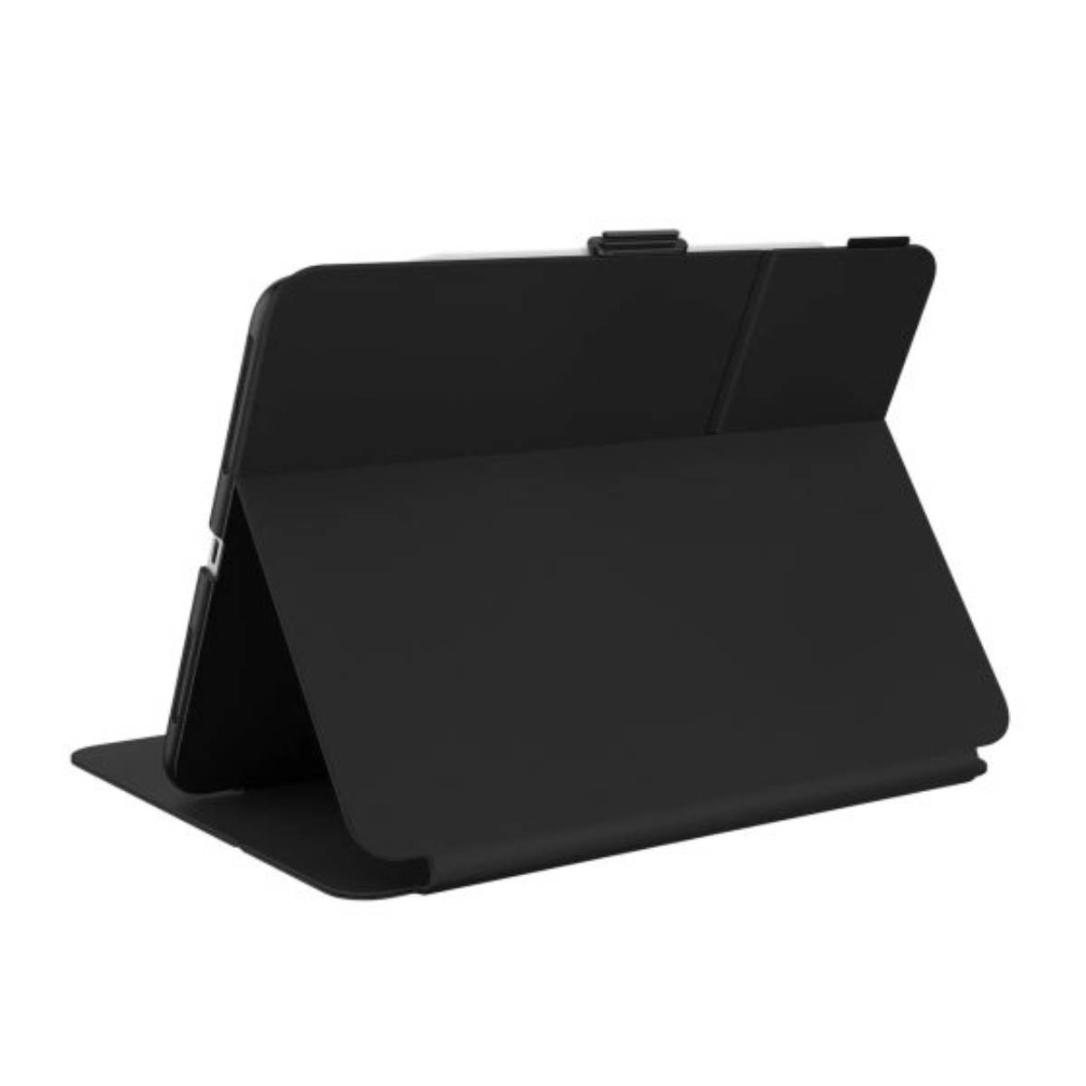 Custodia tablet nera, aperta, mostra l'angolo del tablet e la forma.