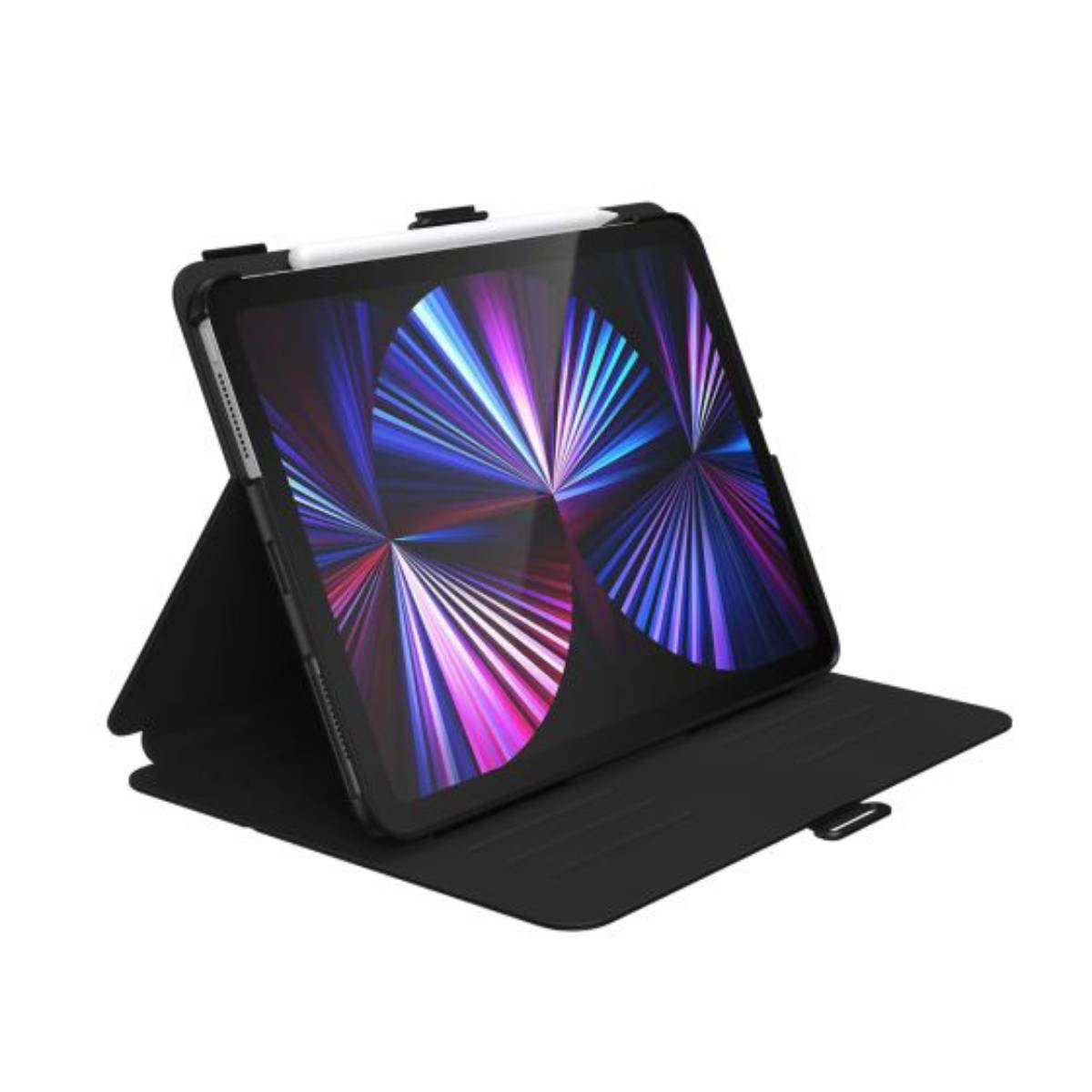 Tablet in custodia nera con pennino. Lo schermo mostra grafiche colorate.