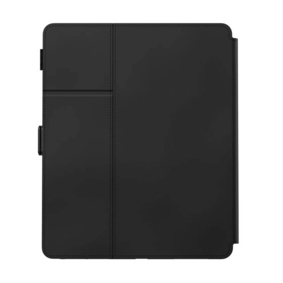 Custodia per tablet nera chiusa, che mostra la copertura e la chiusura, con dettagli di cucitura.