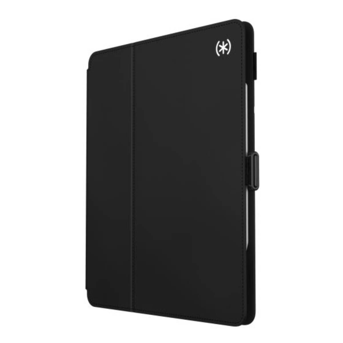 Una custodia nera per tablet con coperchio e chiusura, vista laterale.