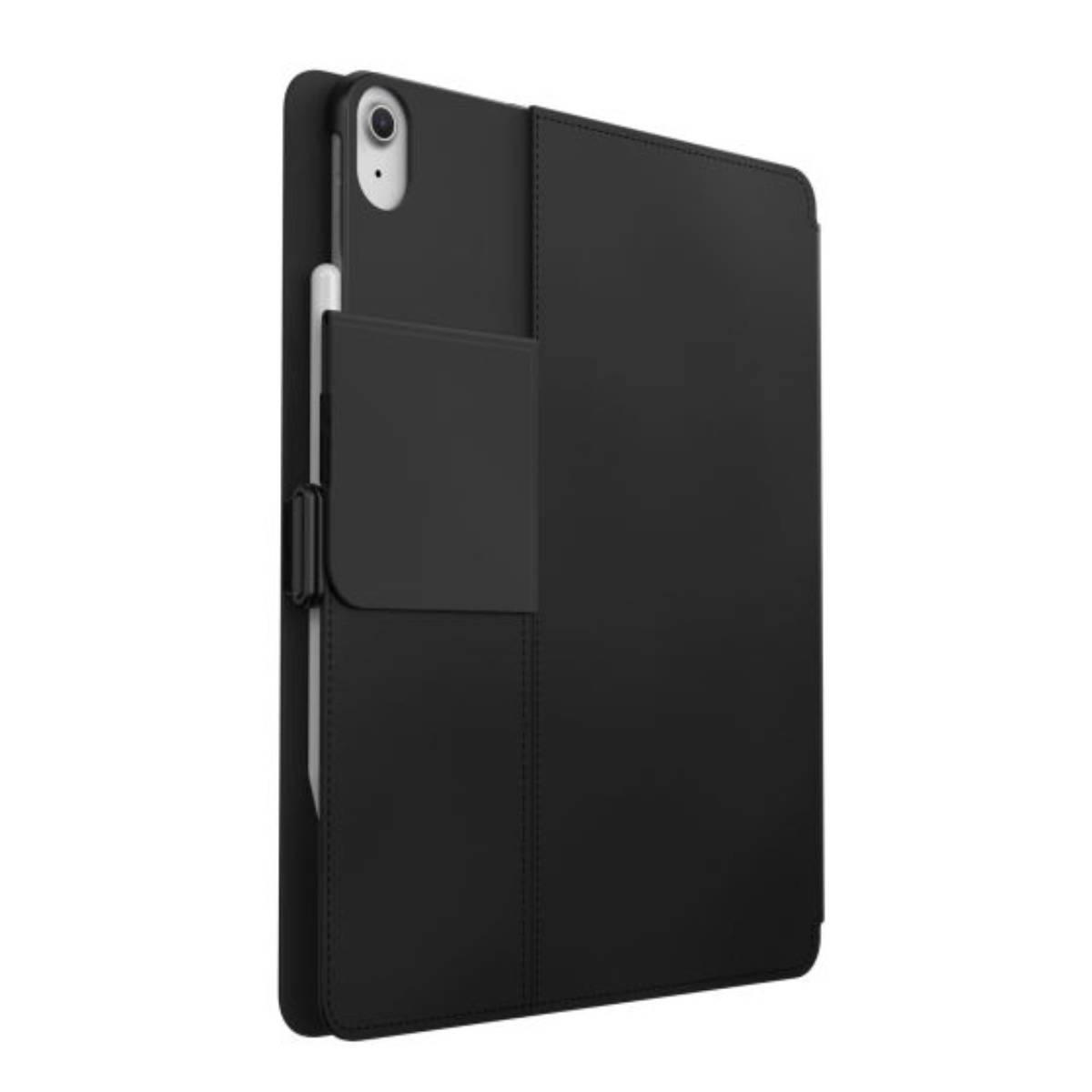Custodia nera per iPad con una penna. L'iPad è sulla custodia.