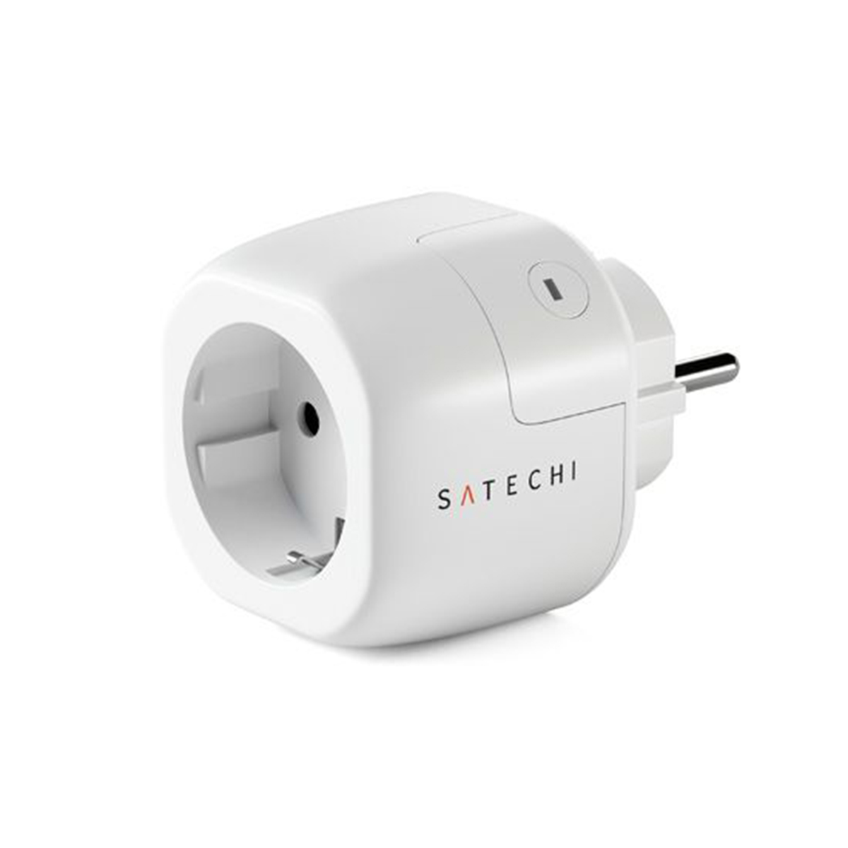 Weißer Satechi Smart-Stecker mit Dreipolstecker, schräge Ansicht, isoliert auf weißem Hintergrund.