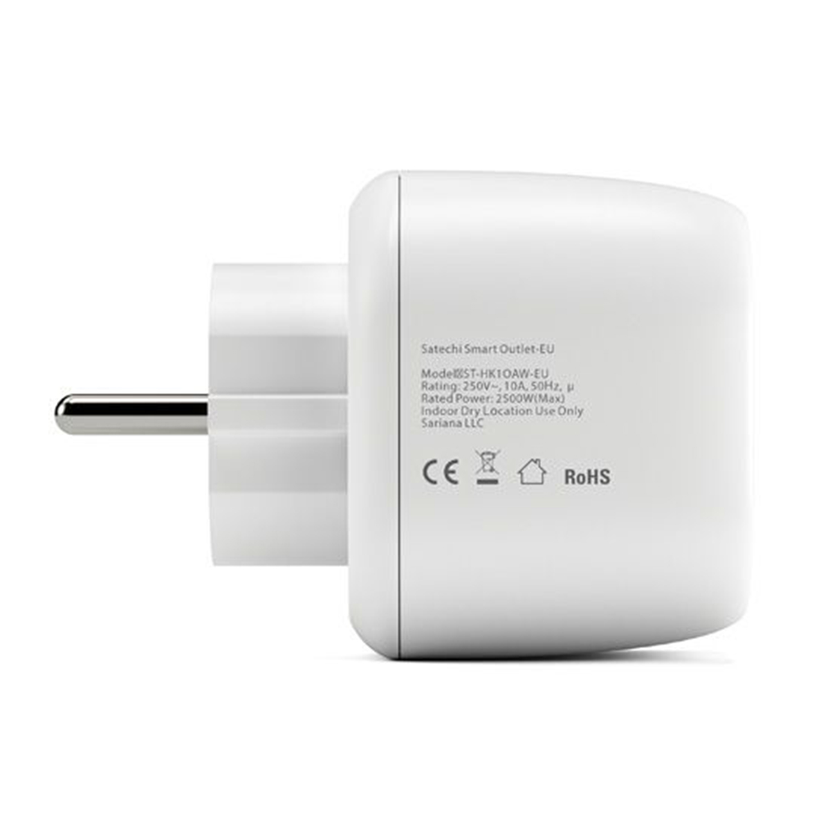 Weißer Satechi Smart-Outlet mit Stecker an der Seite, RoHS- und CE-Kennzeichnungen.