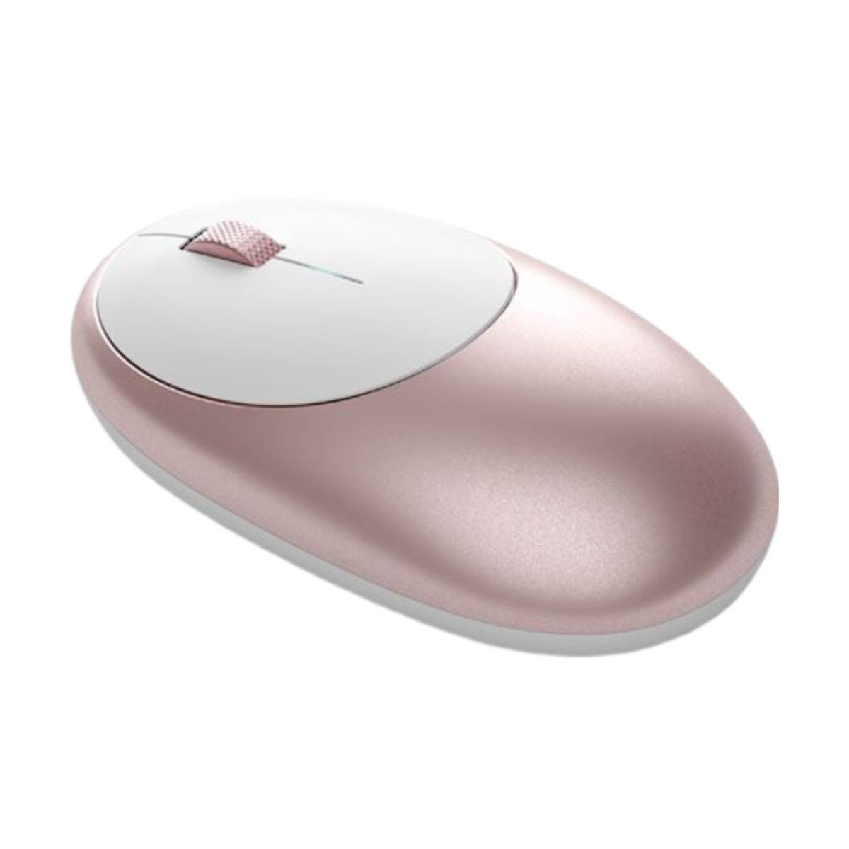 Een roze en witte draadloze muis. Hij is ovaal van vorm met een scrollwiel.