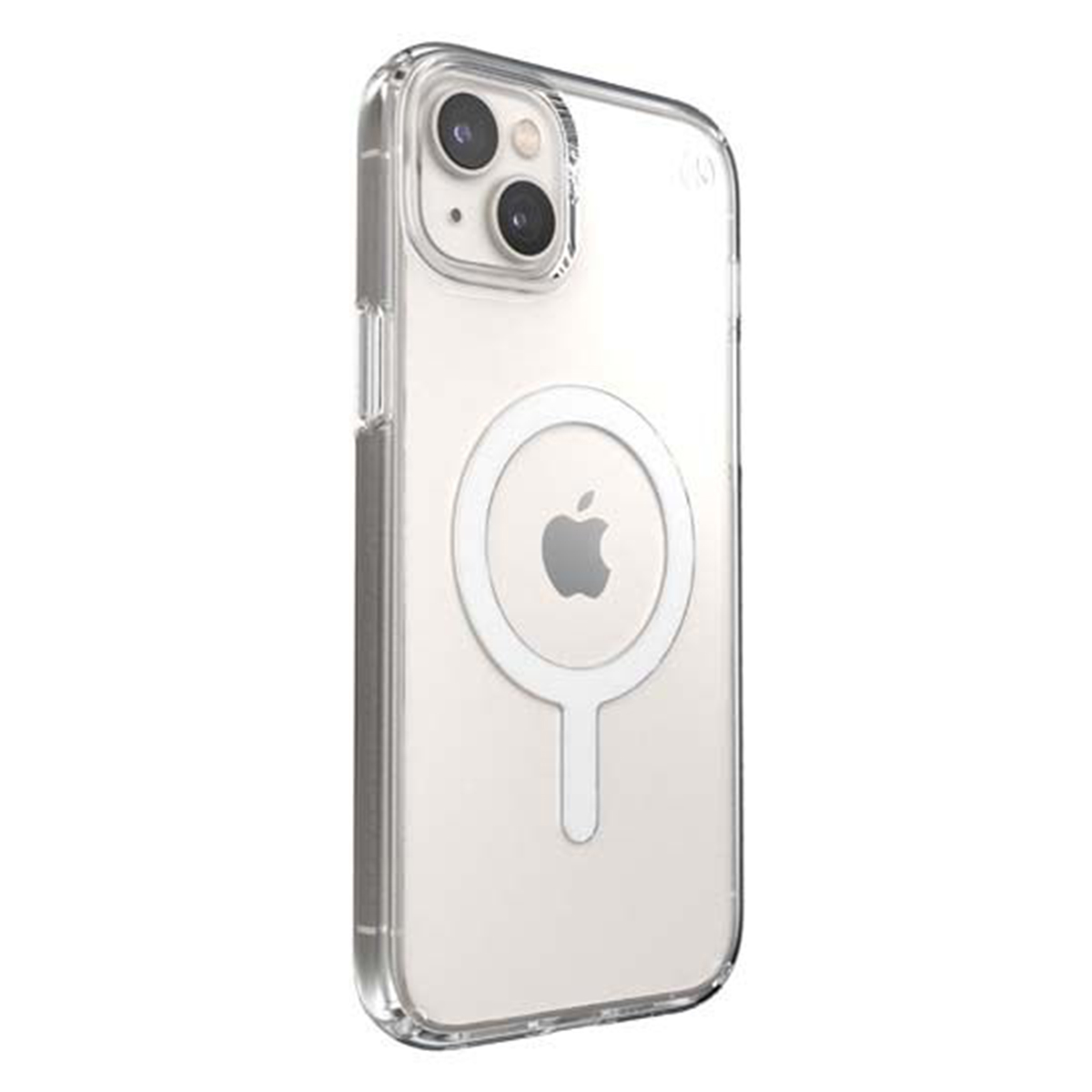 Custodia trasparente per iPhone con anello MagSafe e logo Apple. Il telefono non è visibile.