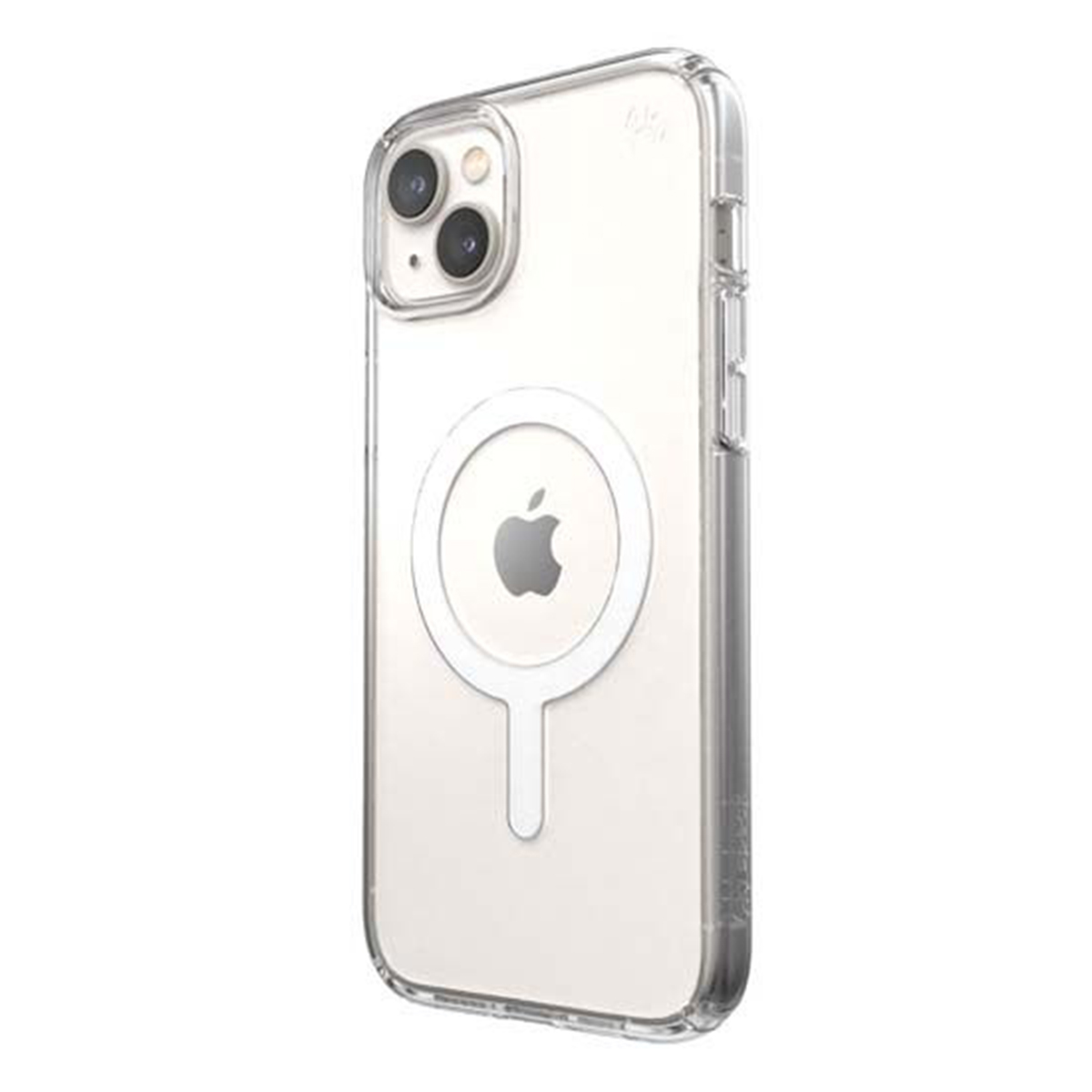 Custodia trasparente per iPhone con cerchio MagSafe e logo Apple. Design trasparente.