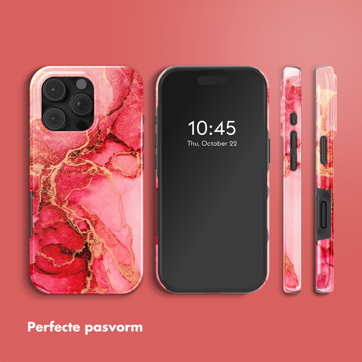 Coque de téléphone avec un motif de marbre rouge et un téléphone. Plusieurs vues de la coque.