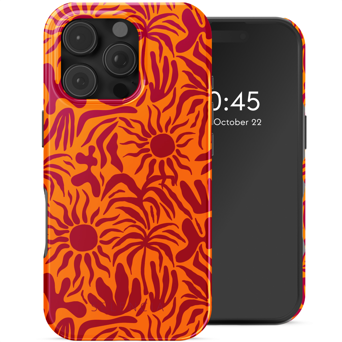 Coque de téléphone orange avec motif floral rouge et téléphone affichant l'heure.