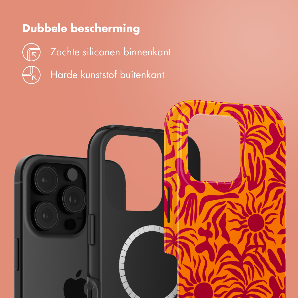 Trois coques de téléphone. Une noire, une avec un motif de soleil. Texte sur la double protection.