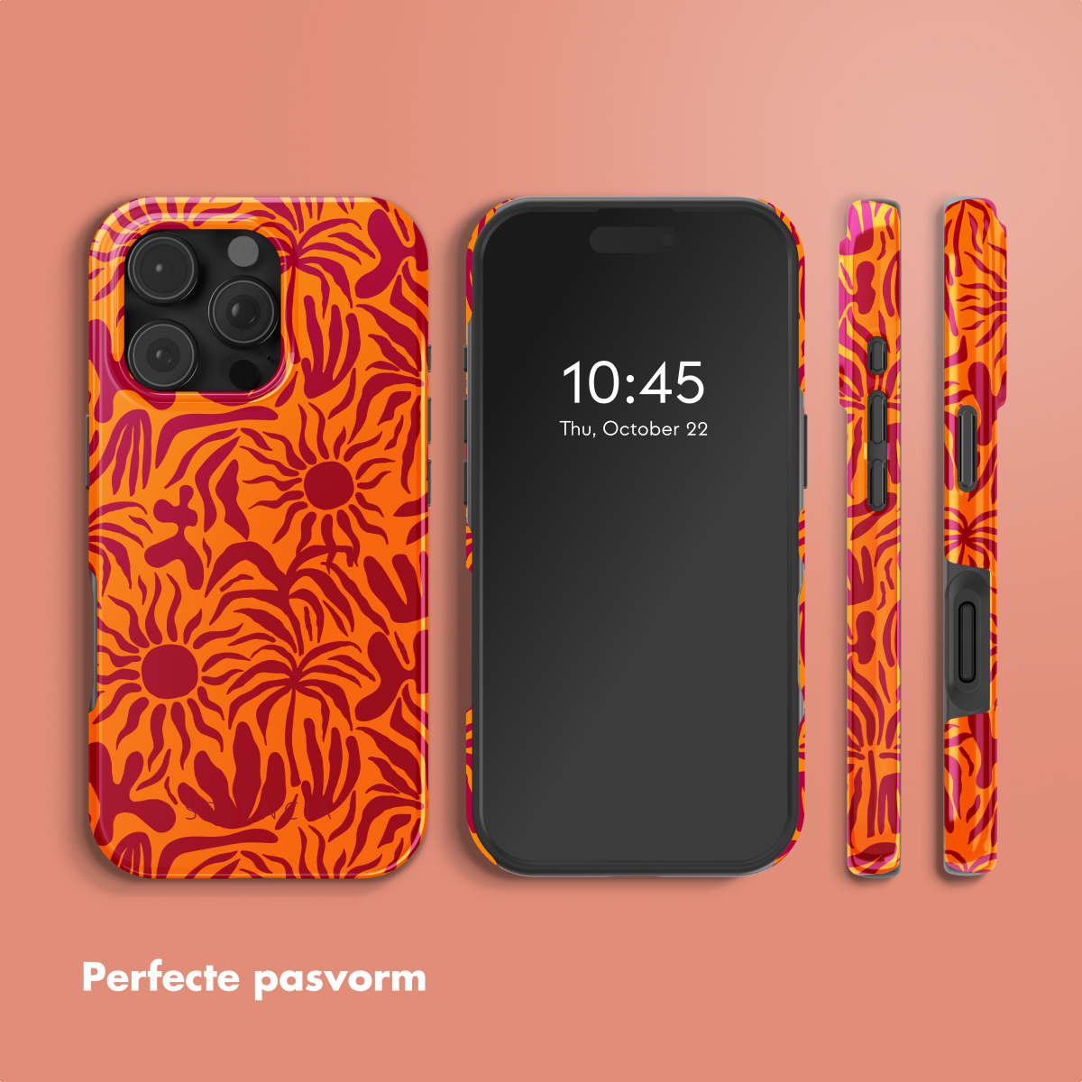 Téléphone orange avec motif floral, affichant l'heure. Coque et vue latérale sont également montrées.