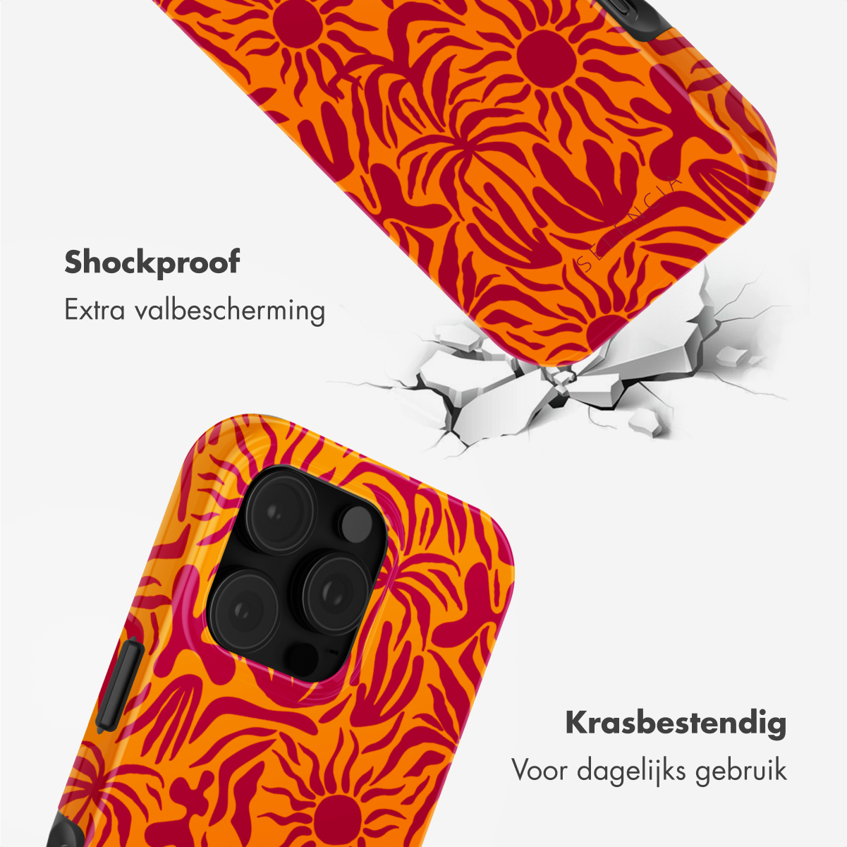 Coque de téléphone avec un motif floral orange et rouge. La coque est montrée en utilisation et également détachée, avec des étiquettes.