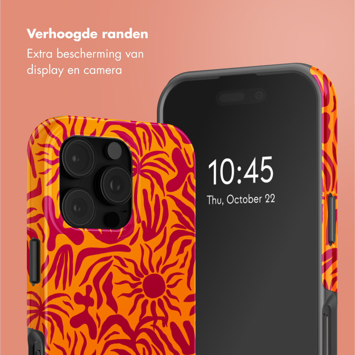 Coque de téléphone avec un motif floral et un téléphone. L'heure affichée est 10:45.