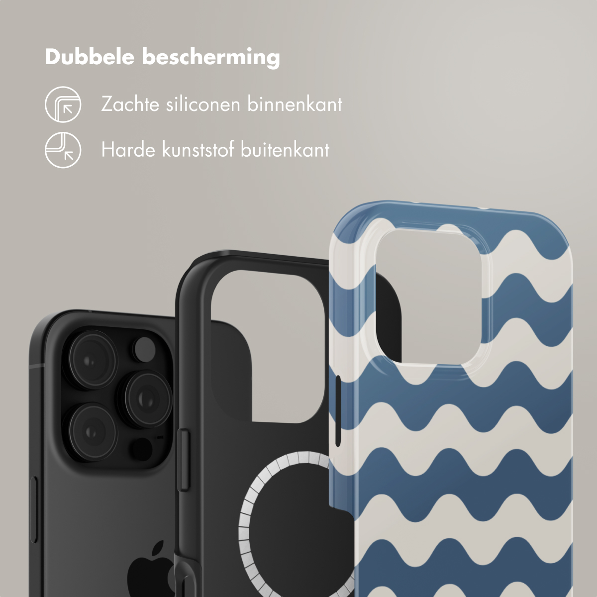 Drie telefoonhoesjes, een zwarte, een met een witte cirkel en een met blauwe golven.