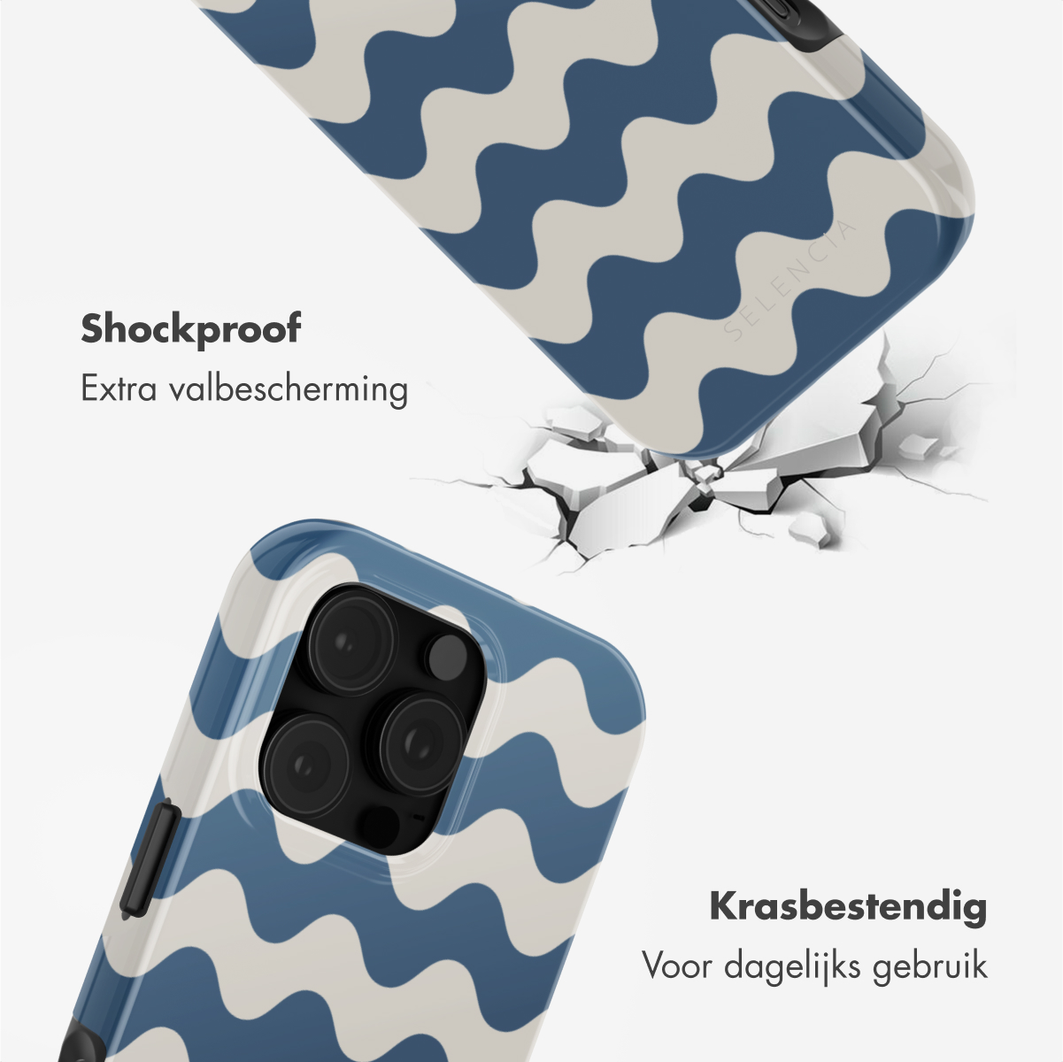 Telefoonhoesje met een blauw golfpatroon. Toont schokbestendige en krasbestendige eigenschappen.
