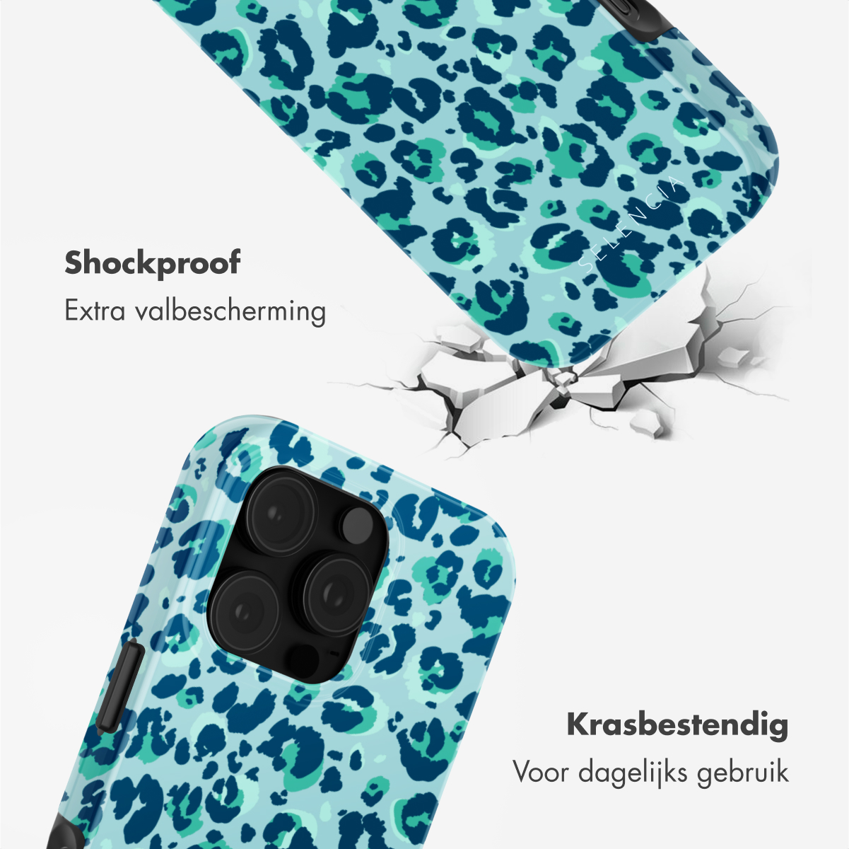 Une coque de téléphone avec un motif léopard. Texte : 'Shockproof' et 'Krasbestendig'.