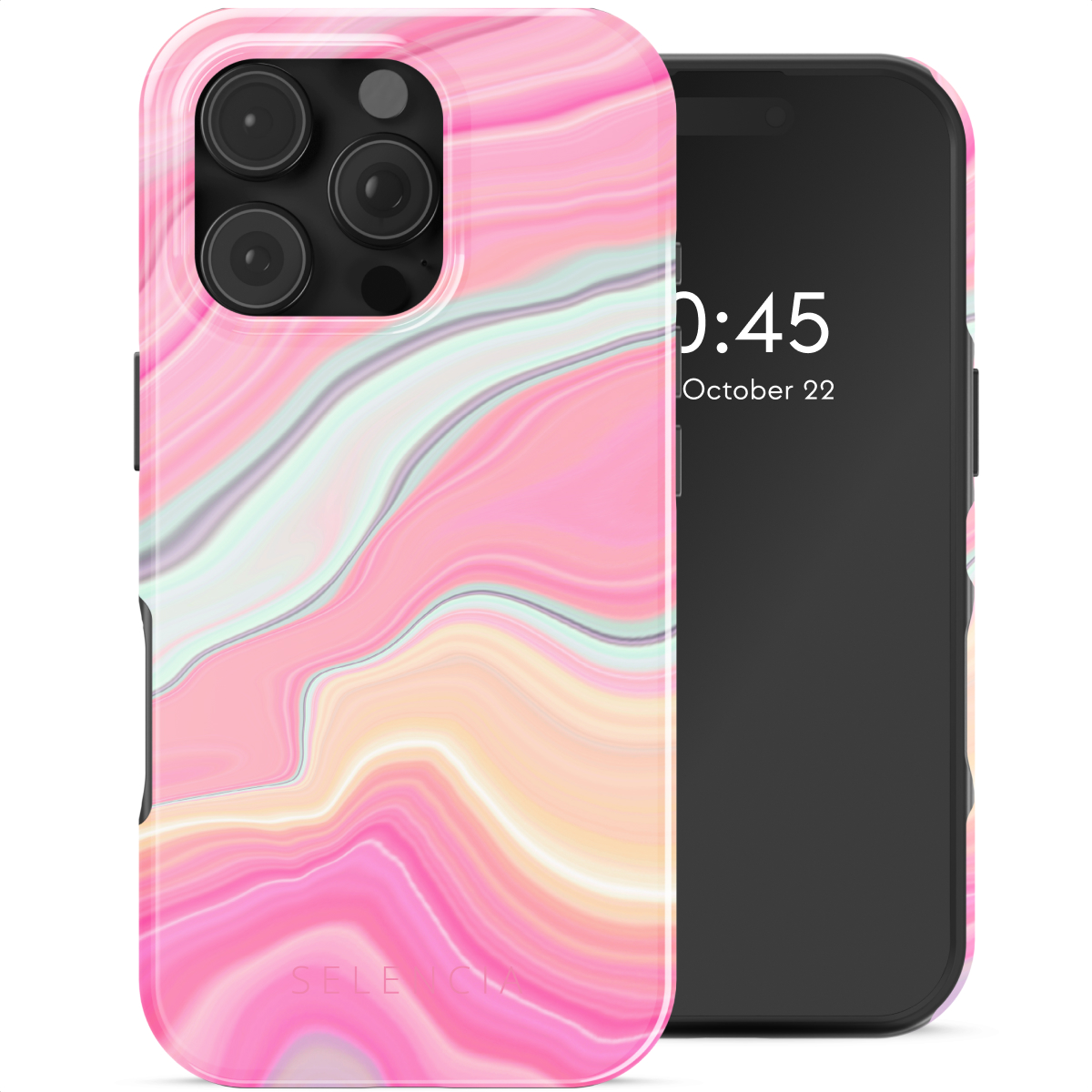 Roze marmeren telefoonhoesje met telefoon die de tijd toont.