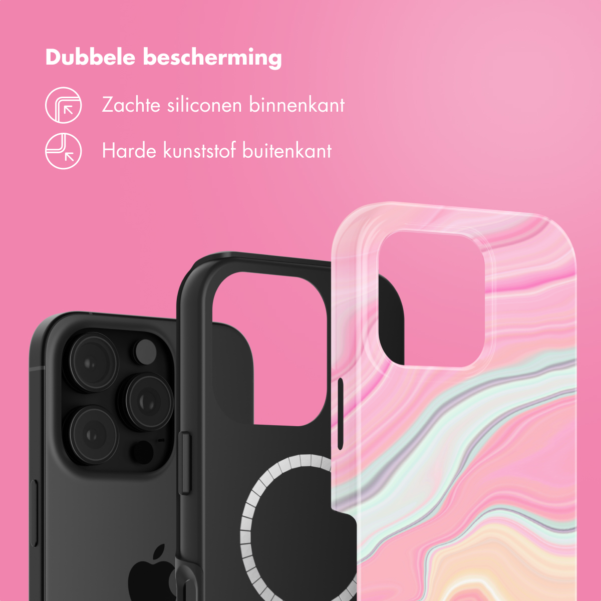 Trois coques de téléphone. Une noire, un cadre noir et un design marbre rose. Fond rose.