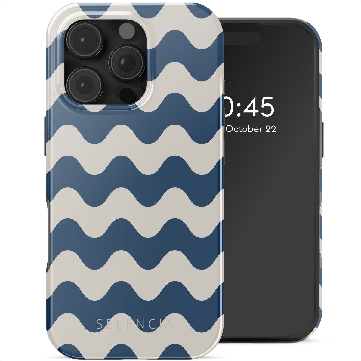 Un smartphone avec une coque à motifs de vagues bleues et blanches. L'écran affiche l'heure et la date.
