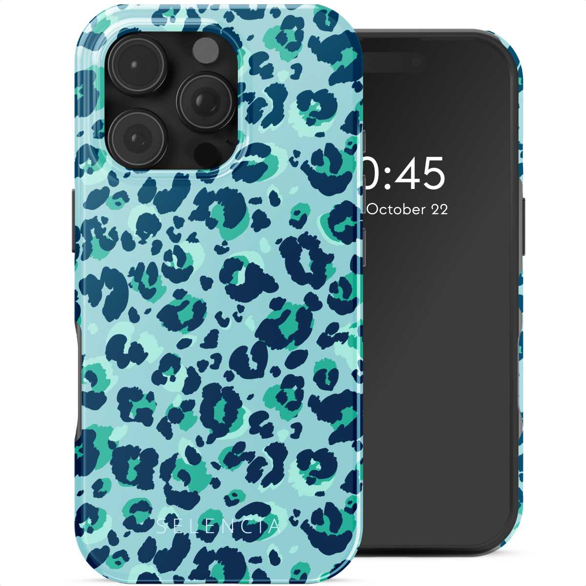 Téléphone avec étui à imprimé guépard. L'étui a des taches bleues et vertes.