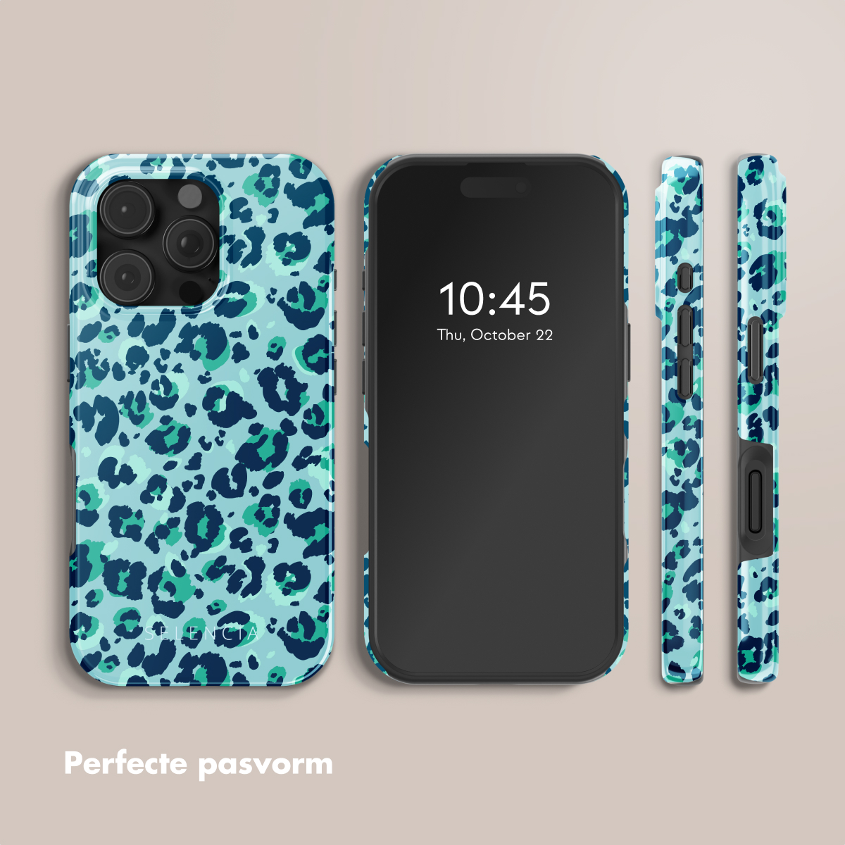 Téléphone avec une coque à imprimé léopard bleu et vert, vues latérales sur fond neutre.