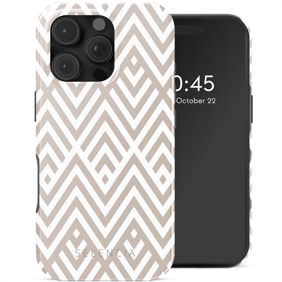 Een telefoonhoesje met een geometrisch patroon en een telefoon met een klok op het scherm.