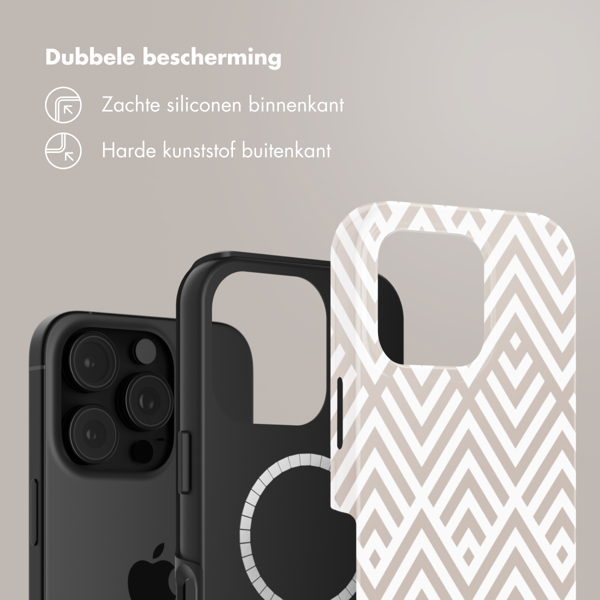 Telefoonhoesje met dubbele bescherming: zachte siliconen binnenkant en hard plastic buitenkant. Drie hoesjes worden getoond.