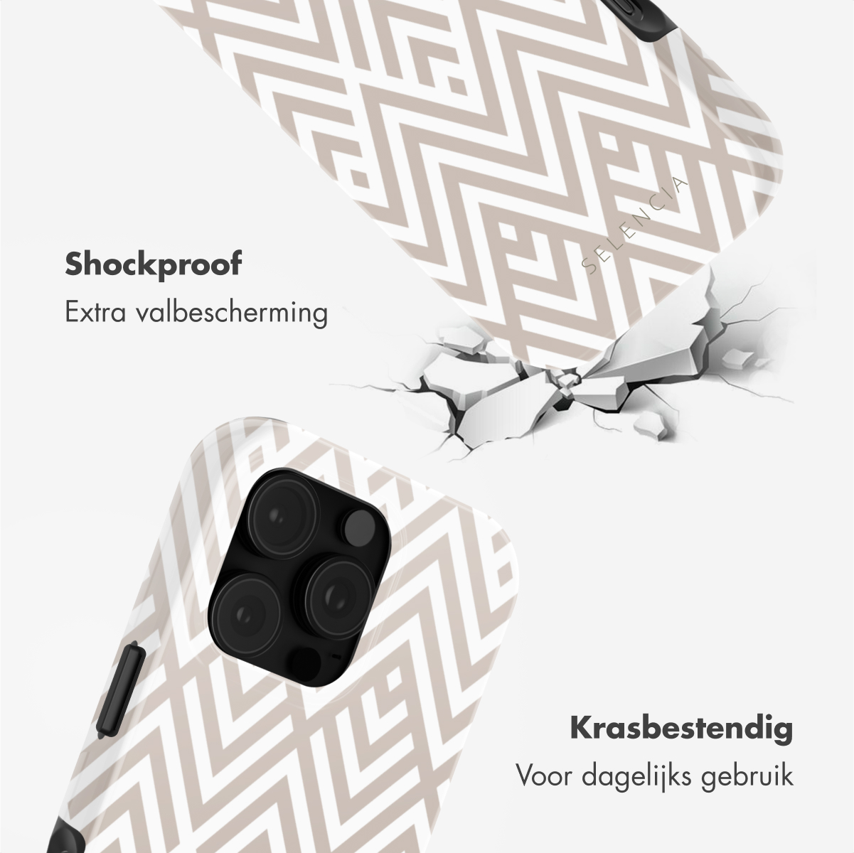 Deux coques de téléphone : une avec un motif en zigzag beige, l'autre cassée. Texte : Antichoc, Résistant aux rayures.