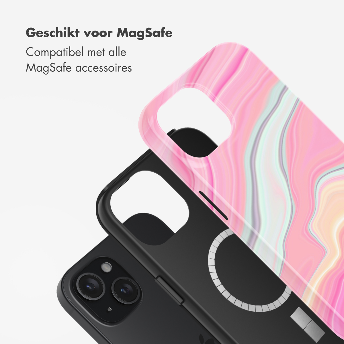 Two phone cases: pink marble design on top and a black case underneath. White background.