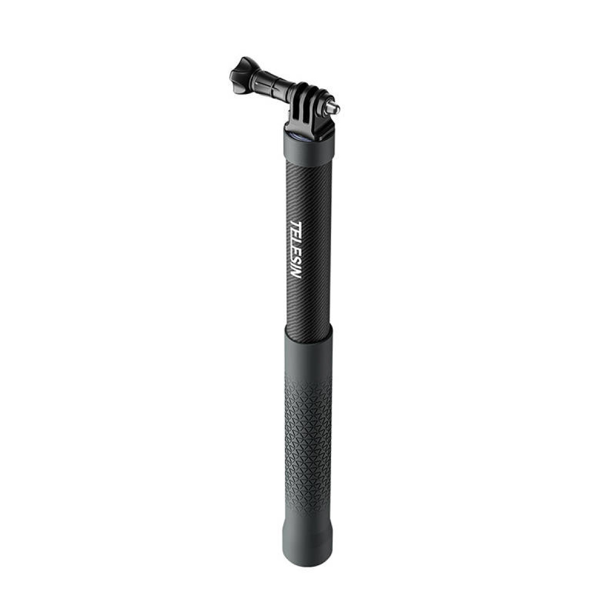 Zwarte en grijze selfiestick. Het heeft een Telesin-logo in het midden.
