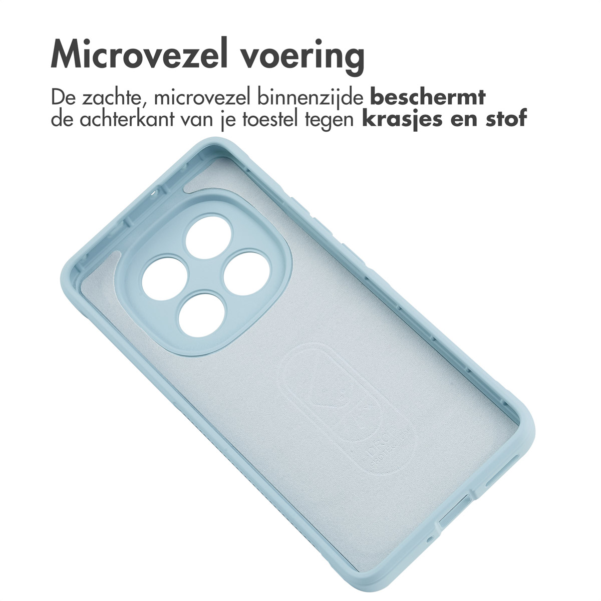 L'interno di una custodia blu con fodera in microfibra. Il retro della custodia è visibile.