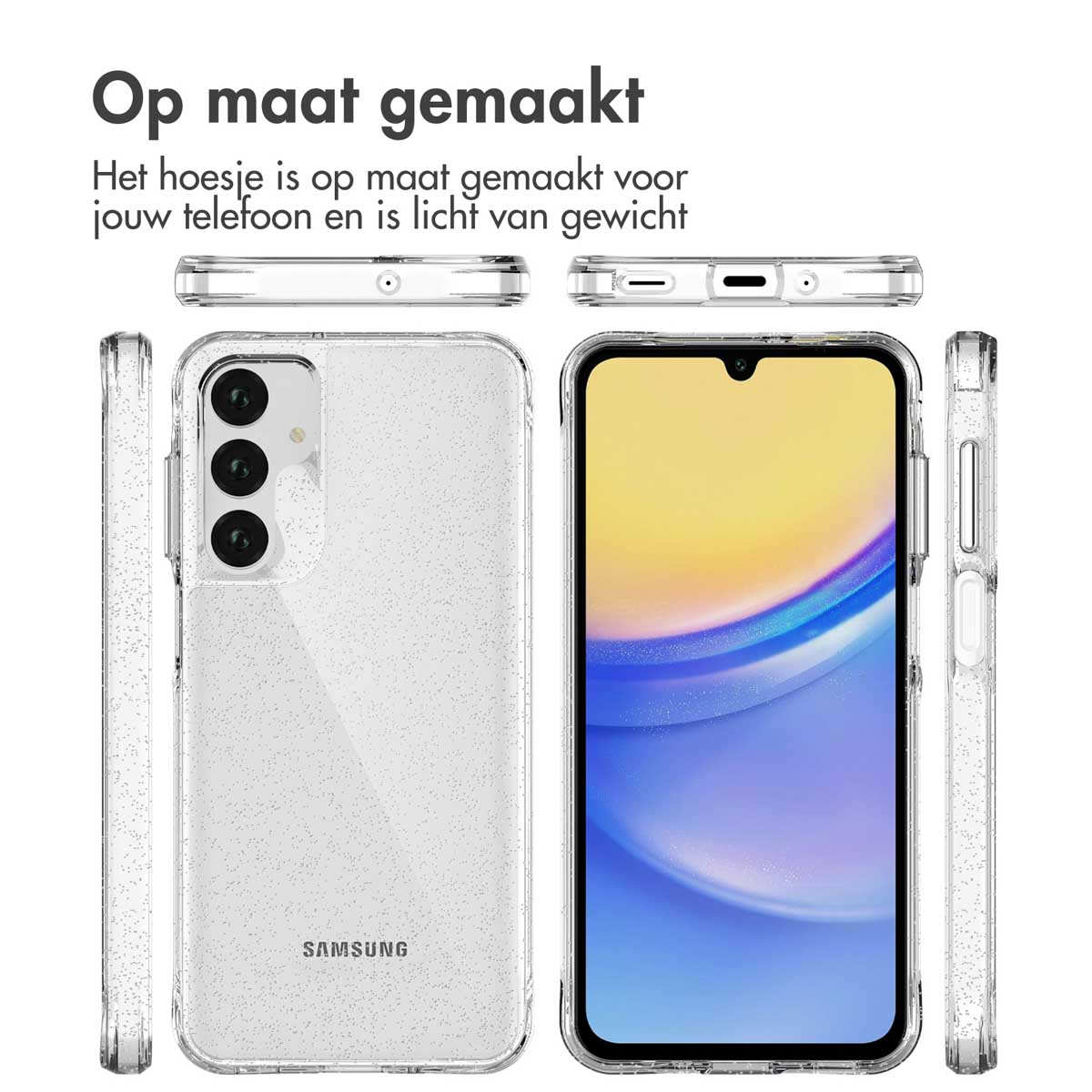 Telefono in custodia trasparente con glitter, con coperture trasparenti e testo sulla personalizzazione.