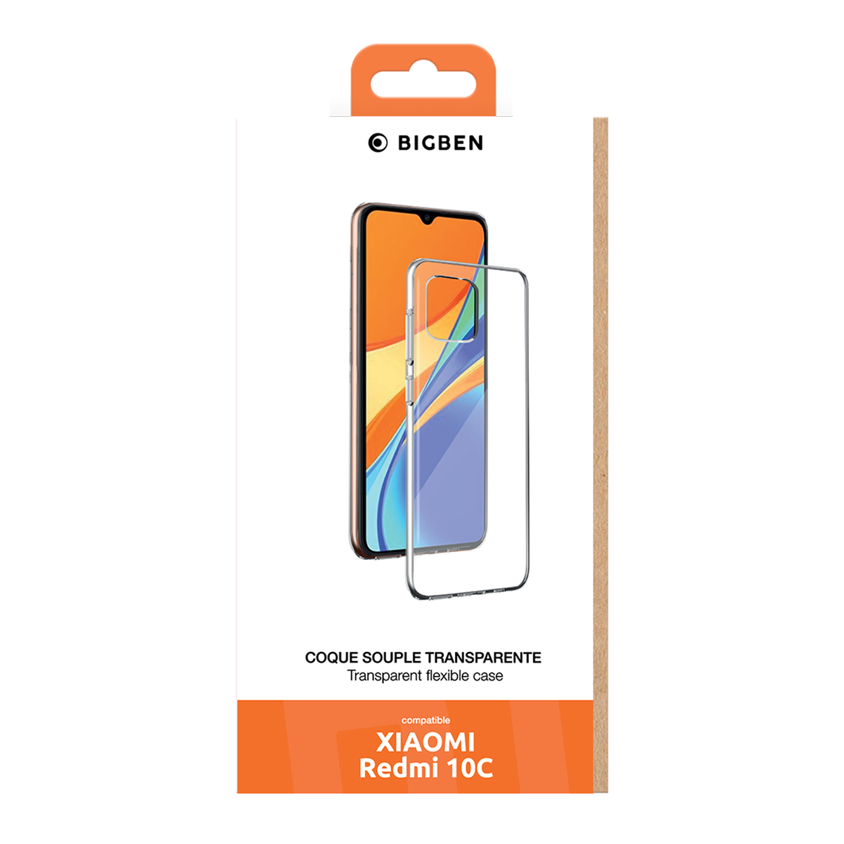 Un teléfono en una caja, mostrando una funda transparente y la pantalla del teléfono.