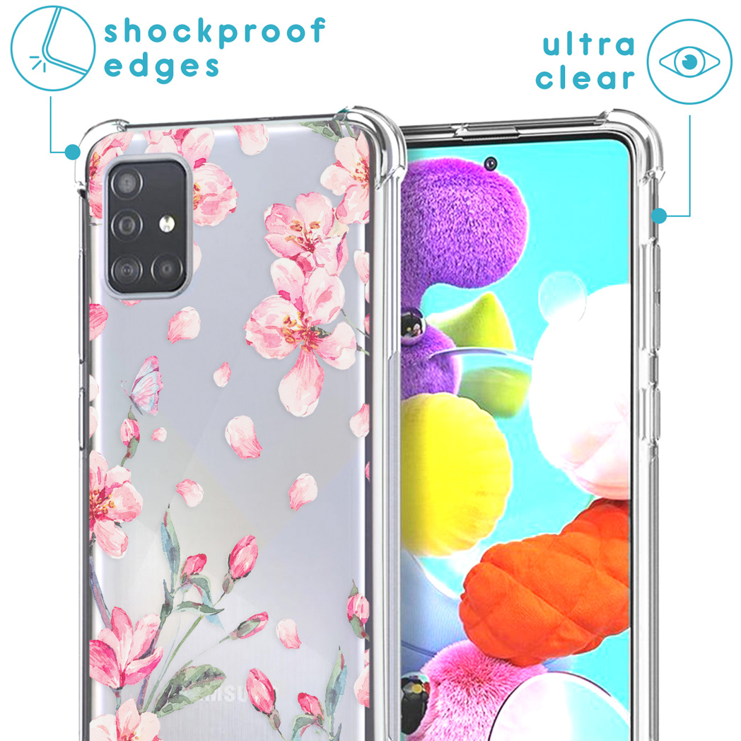 Coque de téléphone transparente avec un motif floral, montrant un téléphone, avec des bords antichocs.