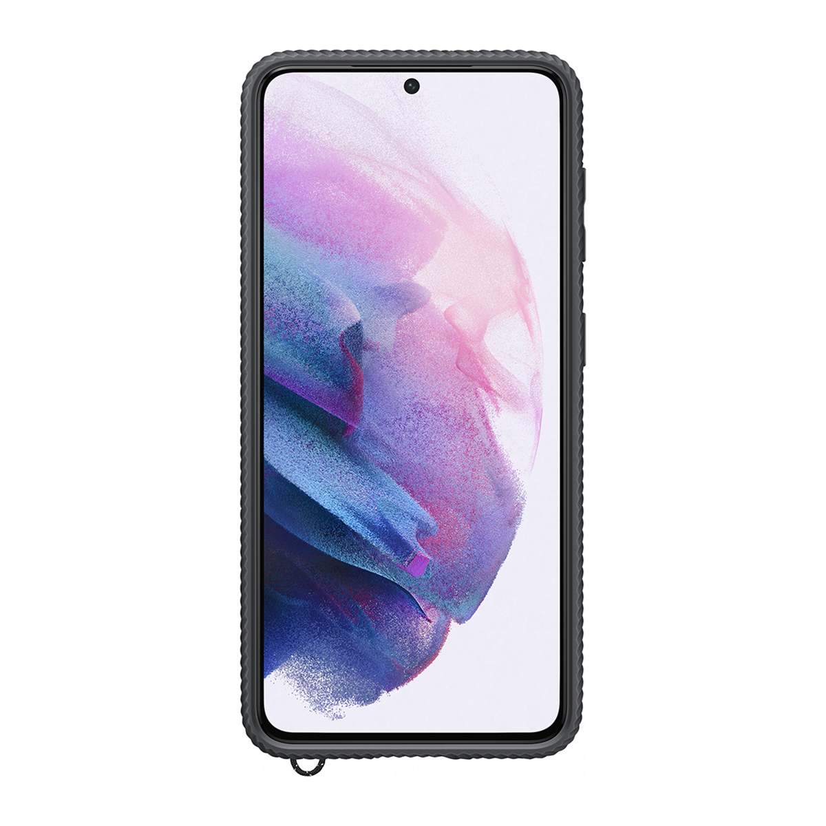 Een zwarte telefoon in een grijze hoes. Het scherm toont een kleurrijk abstract ontwerp. Een koord is bevestigd aan de onderkant.