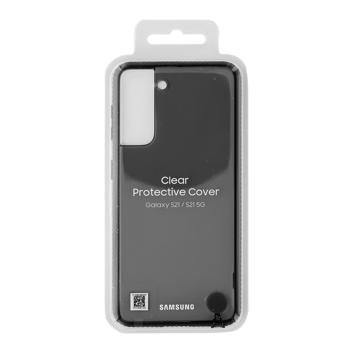 Een doorzichtige telefoonhoes in verpakking. De hoes is voor een Samsung-telefoon. De verpakking heeft een wit en helder design.