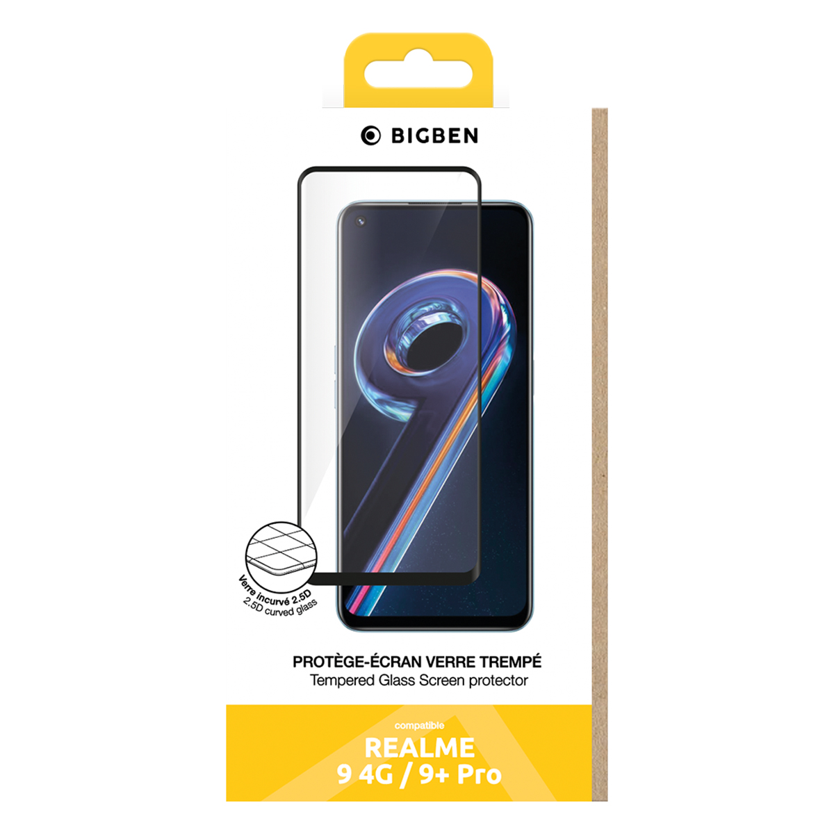 Un téléphone avec emballage de protection d'écran. Le paquet porte le logo Bigben. Il est écrit 'Tempered Glass Screen protector'.