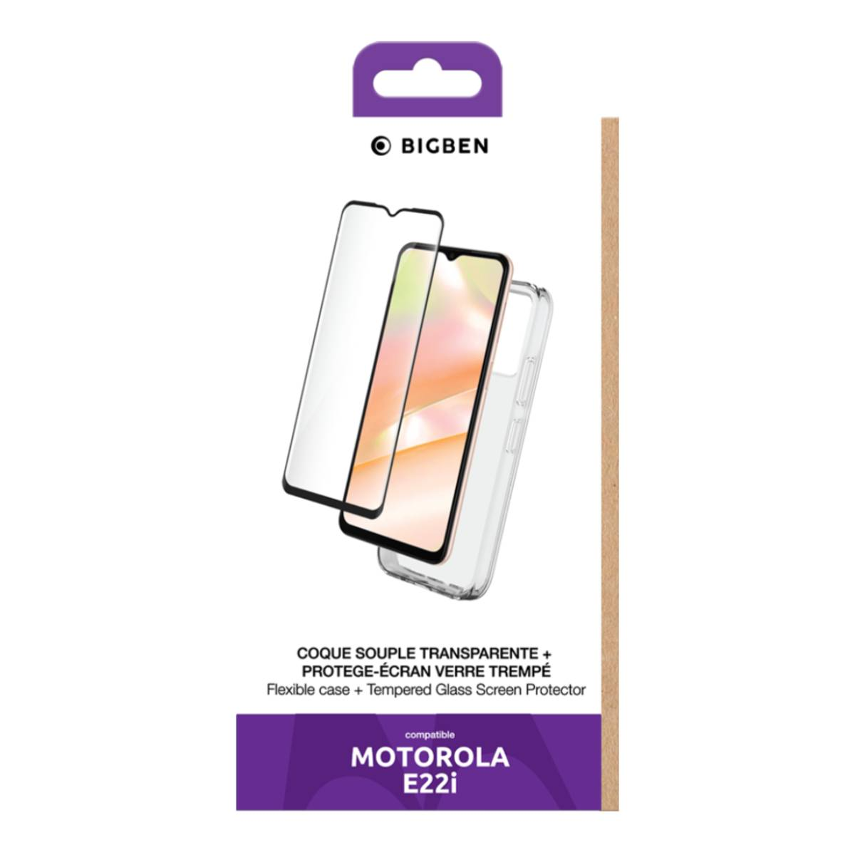 Una custodia per telefono con protezione schermo e un telefono. La confezione ha il logo Bigben. La custodia è trasparente.