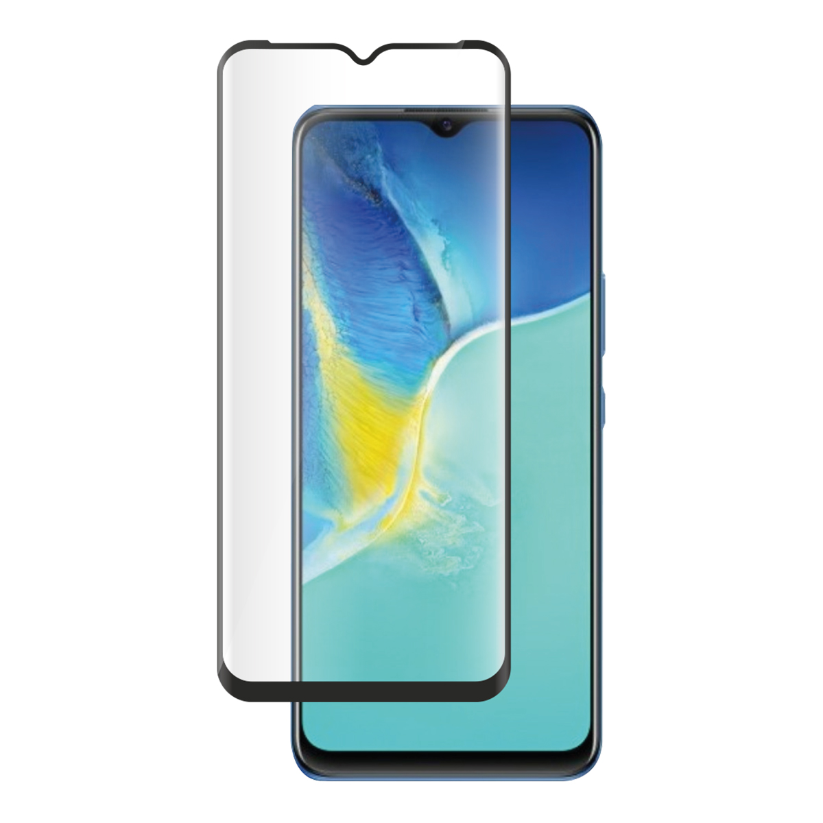 Un telefono con una protezione per lo schermo. La protezione è trasparente. Il telefono è blu. La protezione è sul telefono.