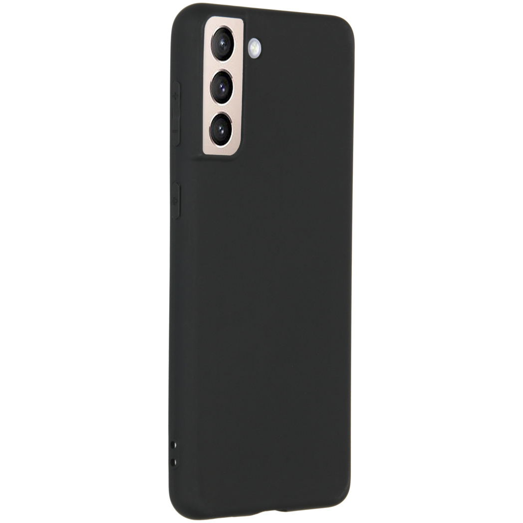 Custodia nera per telefono su sfondo bianco. La fotocamera del telefono è visibile. La custodia è opaca.