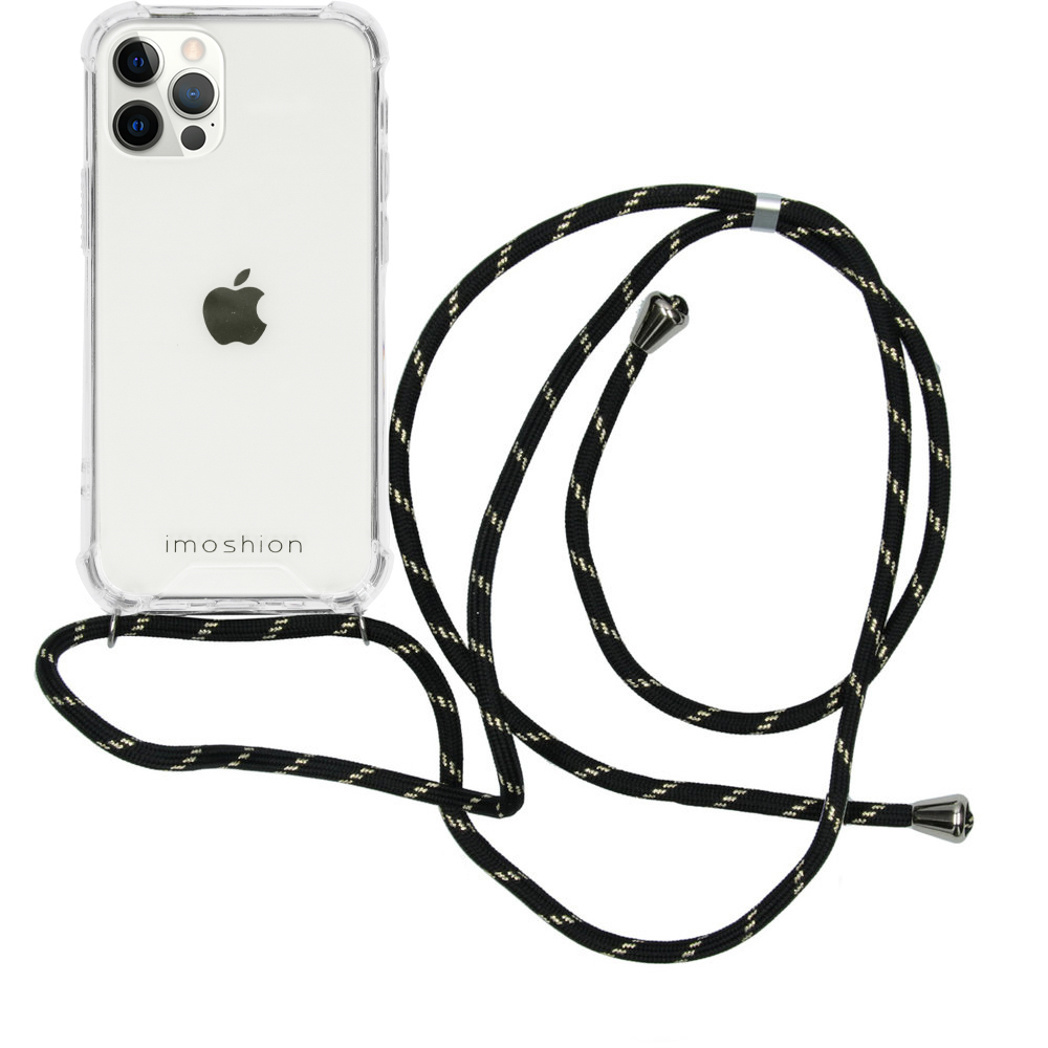 Transparant telefoonhoesje met een zwart en goudkleurig koord.