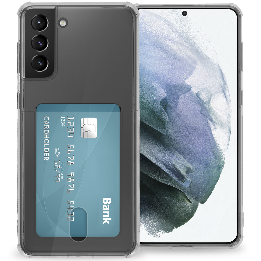 Transparante telefoonhoes met kaarthouder, toont een creditcard. Witte achtergrond.