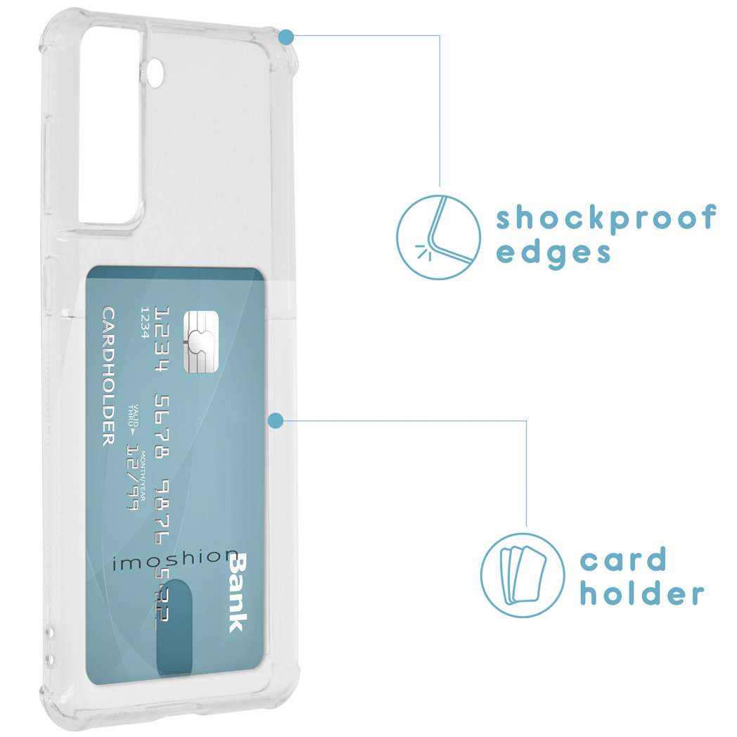 Transparante telefoonhoes met kaarthouder en creditcard erin. Schokbestendige randen zichtbaar.