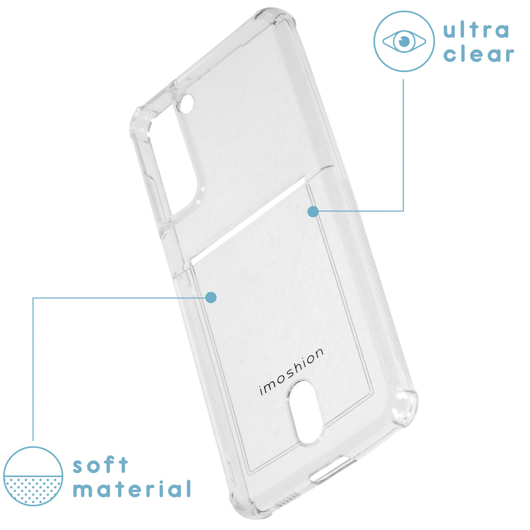 Transparante telefoonhoes met zacht materiaal en ultraheldere eigenschappen. De hoes wordt op een witte achtergrond gehouden.