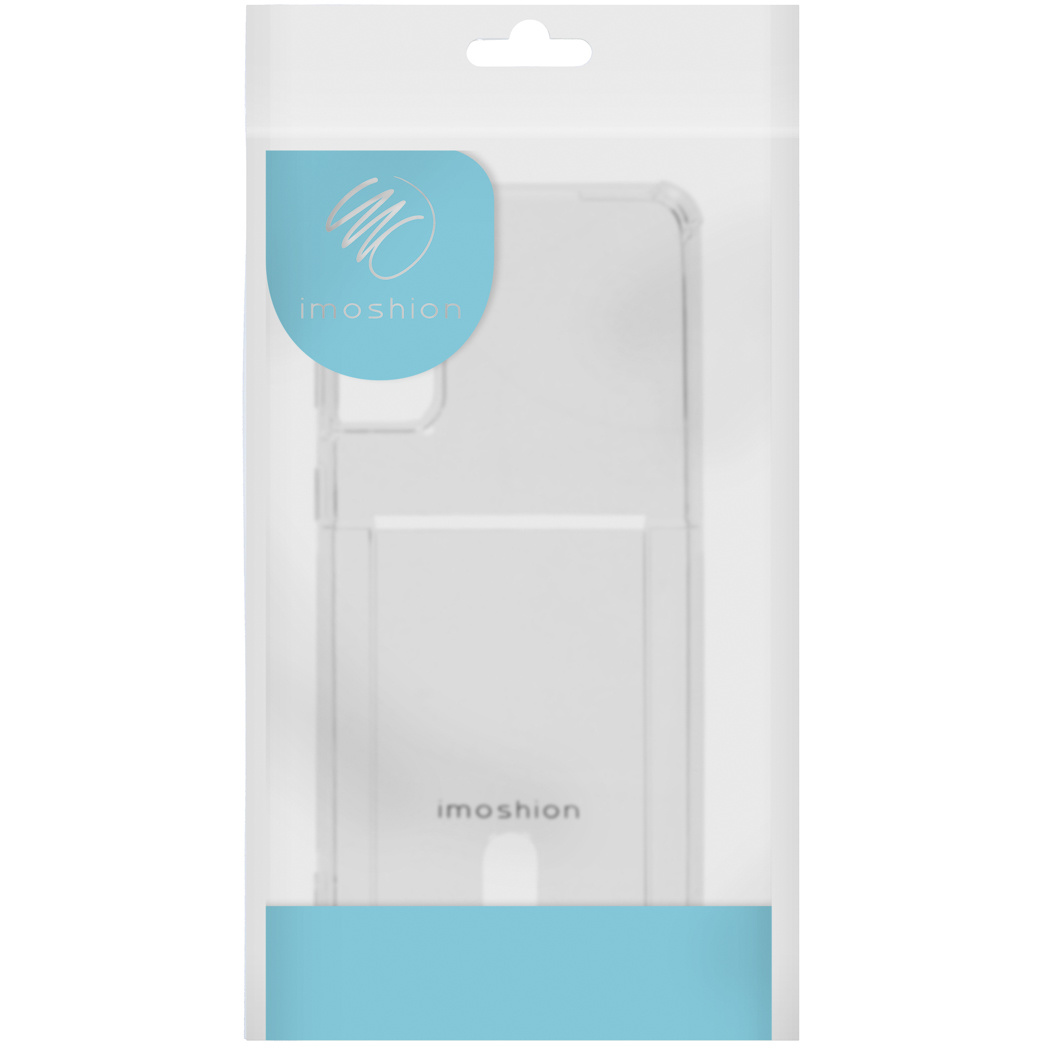 Transparante telefoonhoes in een verpakking met het imoshion-logo en een blauw accent.