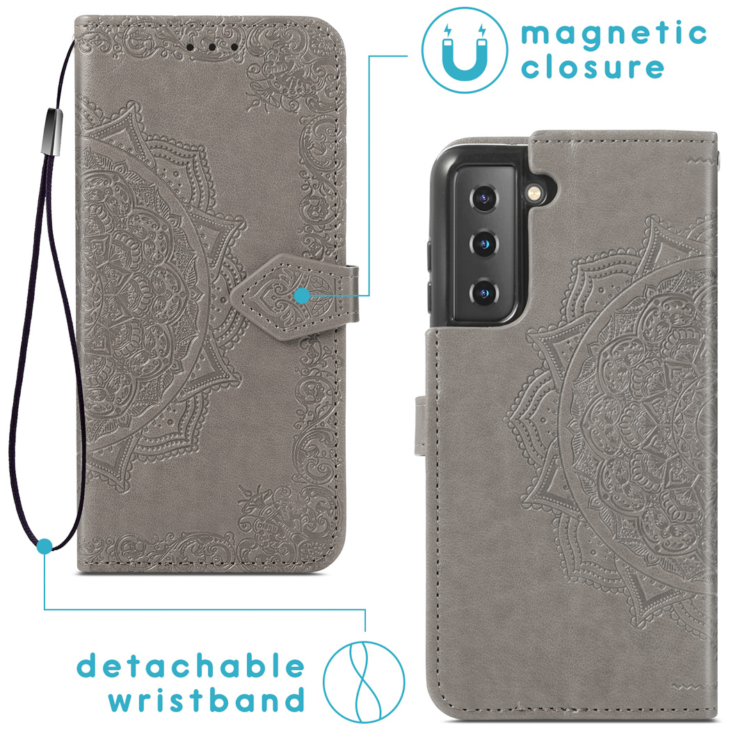 Grijze telefoonhoes met afneembare polsband, mandala design.