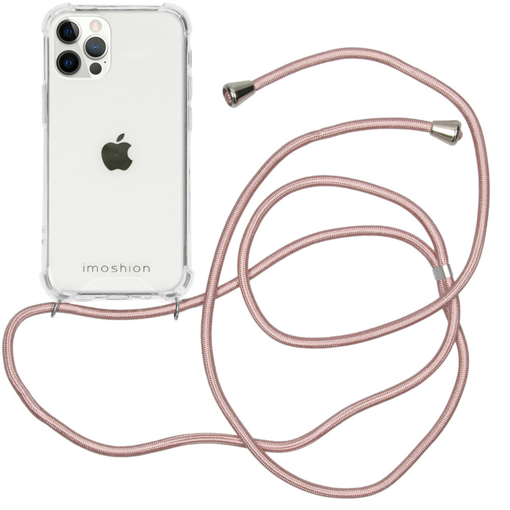 Transparante telefoonhoes met een roze telefoonriem bevestigd. De telefoon staat op een witte achtergrond.