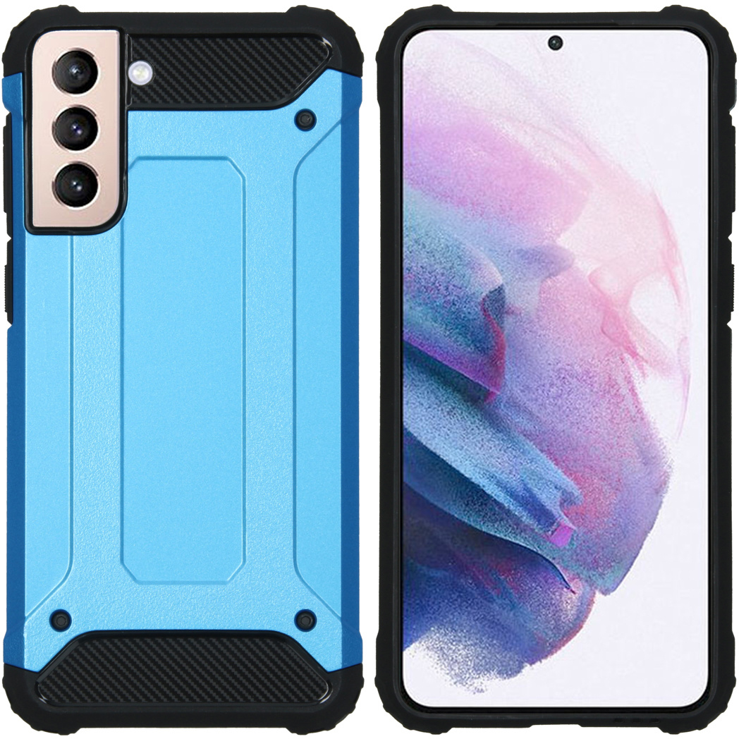 Blauw en zwart telefoonhoesje met telefoon rechts.