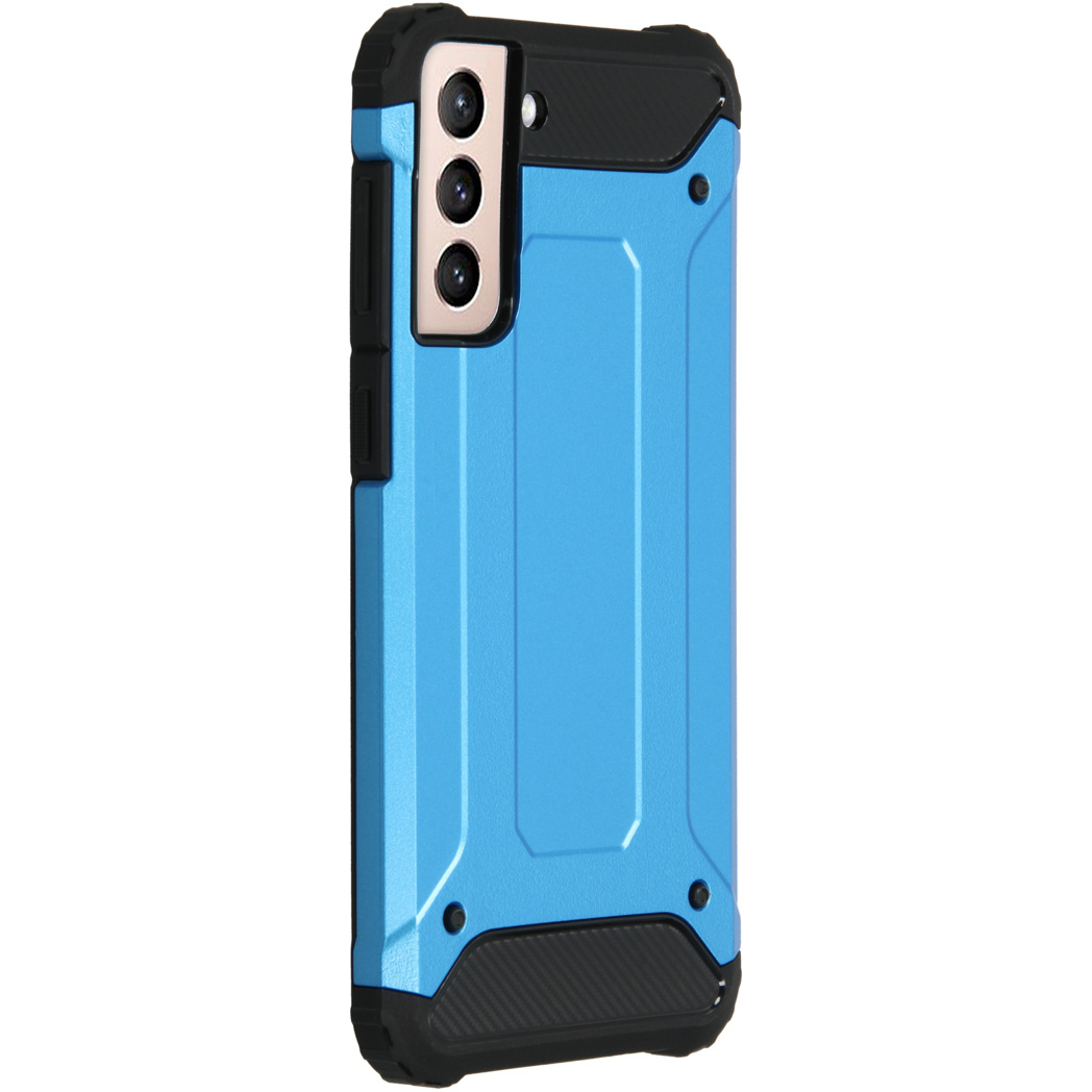 Blauwe en zwarte telefoonhoes met drie camera's.