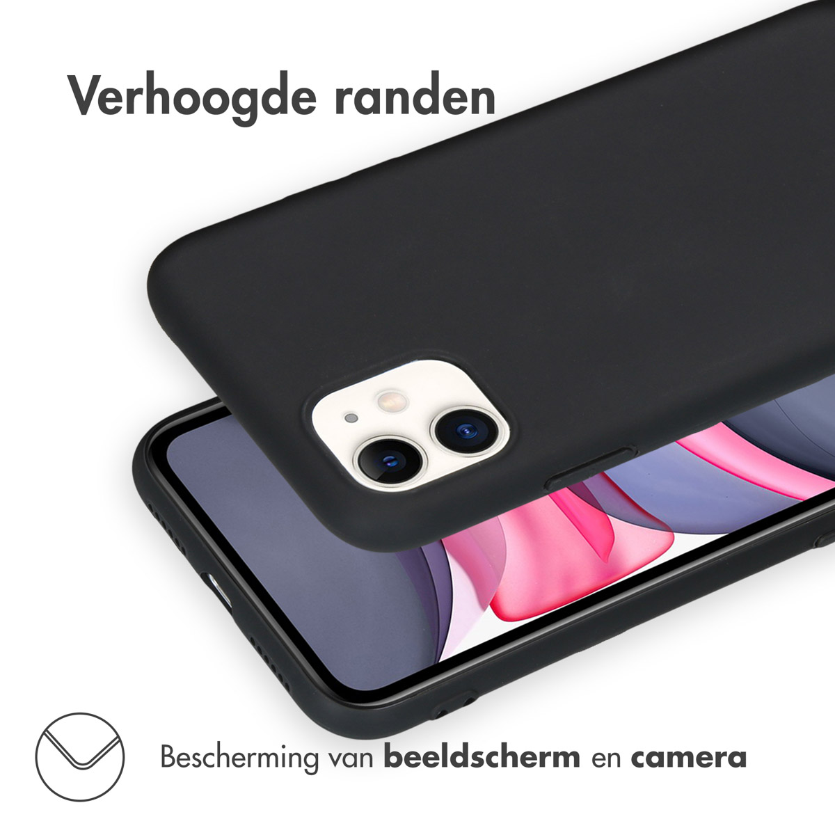 Zwarte telefoonhoes met verhoogde randen en bescherming voor scherm en camera.