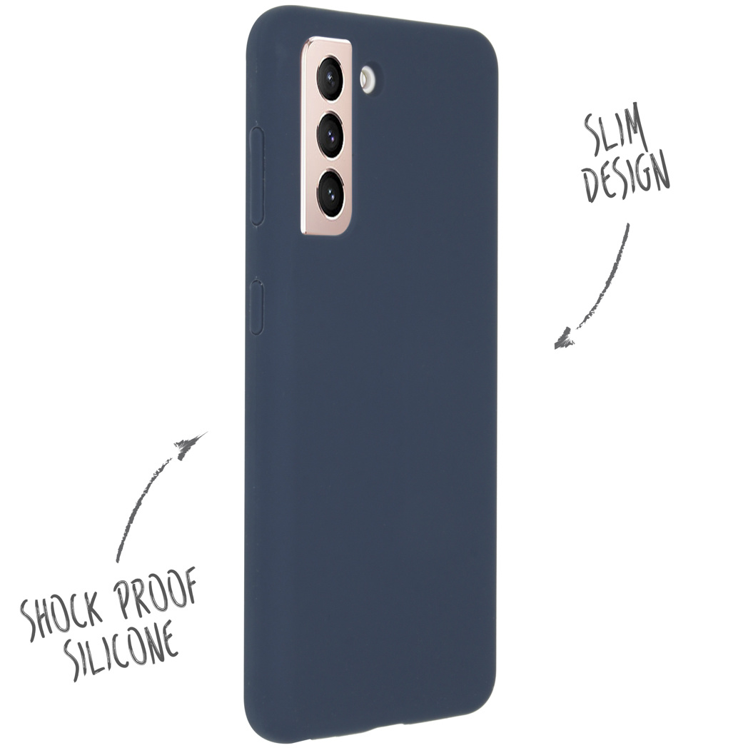 Un téléphone bleu marine dans un étui avec des flèches pointant vers 'silicone antichoc' et 'design fin'.